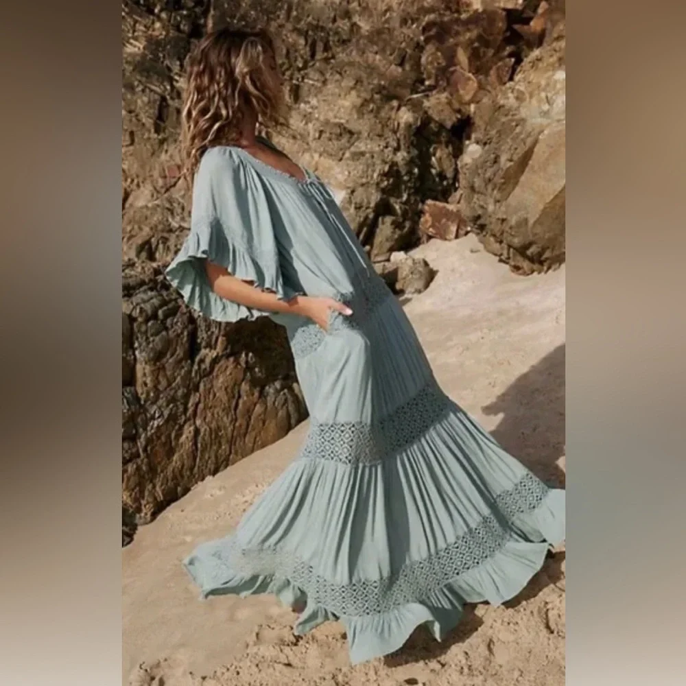 Free People Sage Blue Ruffled Maxi Dress